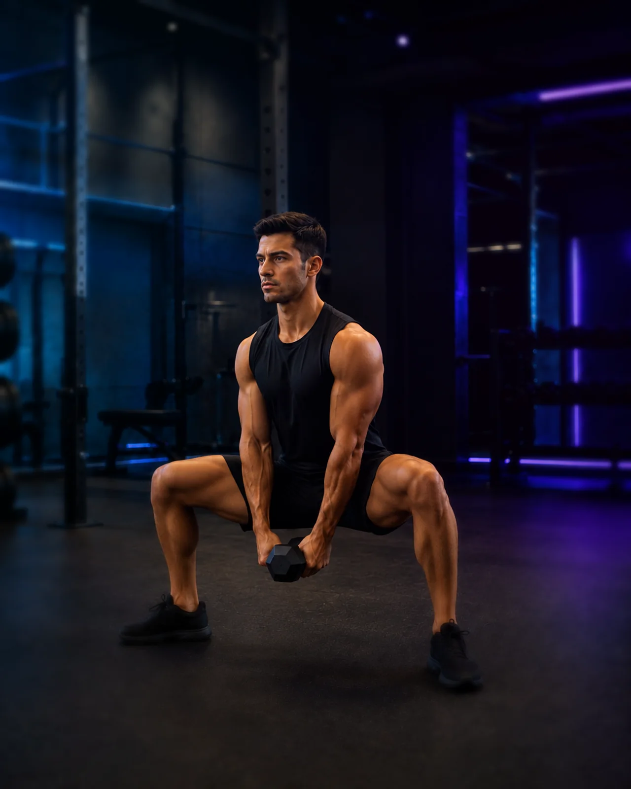 Karanlık spor salonunda kontrollü squat pozisyonunda sporcu