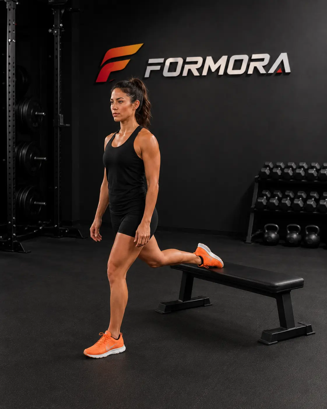 Bulgarian Split Squat başlangıcı: arka ayak bench üzerinde, ön ayak tam taban yerde ve kalçalar karşıya dönük.