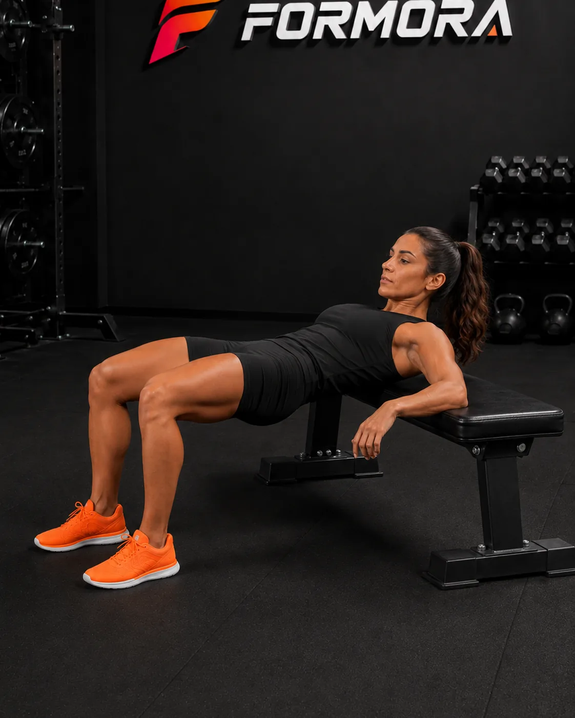 Hip Thrust bitişi: kalça tam uzatılmış, gövde ve uyluklar yataya yakın hizalı, ayaklar zeminde sabit.