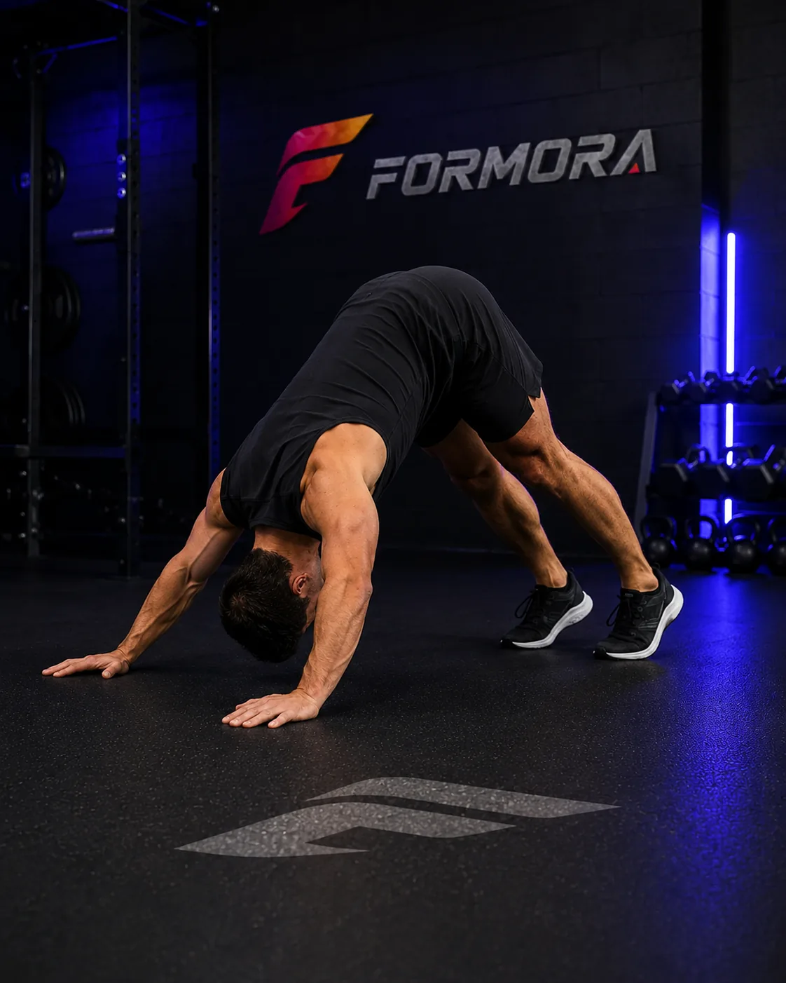 Pike Push-Up başlangıcı: kalça yüksek ters V pozisyonunda, eller omuz genişliğinde ve kollar aktif.