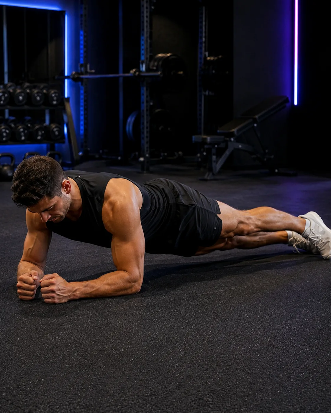 Dirsek plank form odağı: omuz-dirsek yerleşimi ve kalça yüksekliği dengeli.