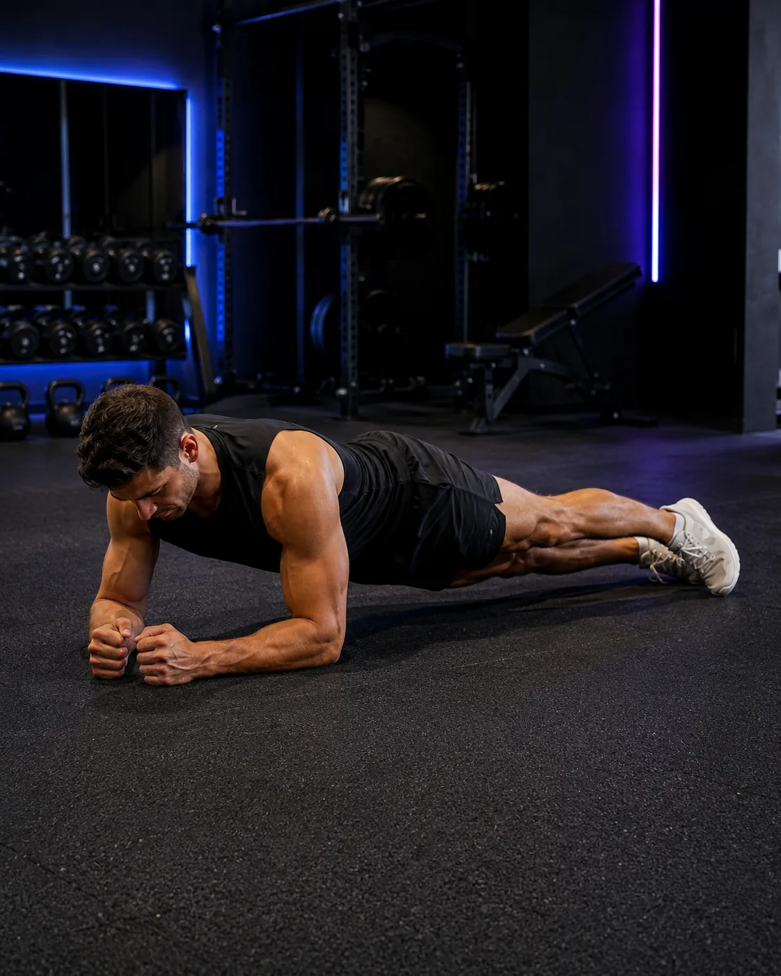 Dirsek plank başlangıcı: dirsekler omuz altında, bacaklar geriye uzatılmış.