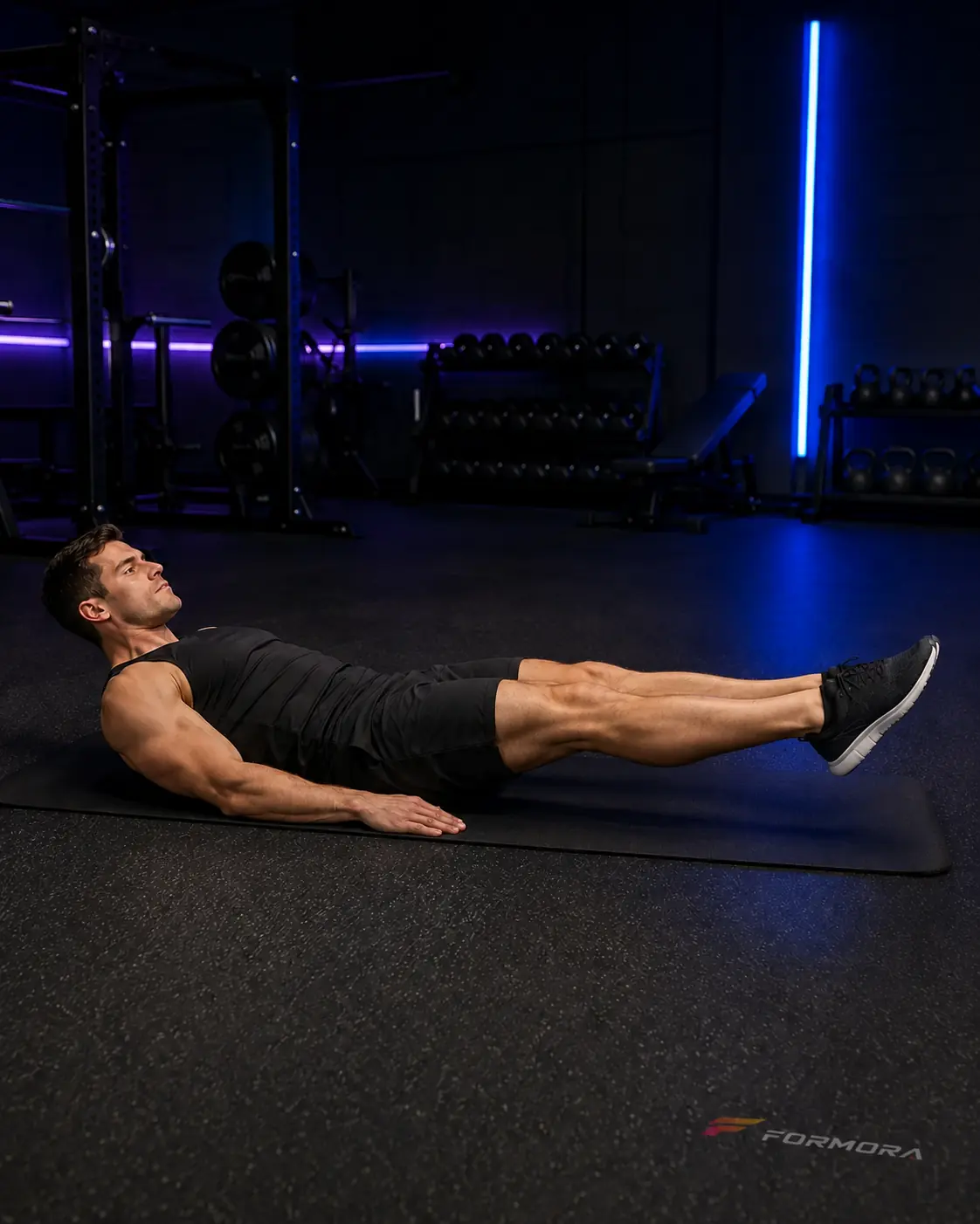 Scissor Kick başlangıcı: sırt yerde, bacaklar uzun ve zeminin üzerinde kontrollü tutuluyor.