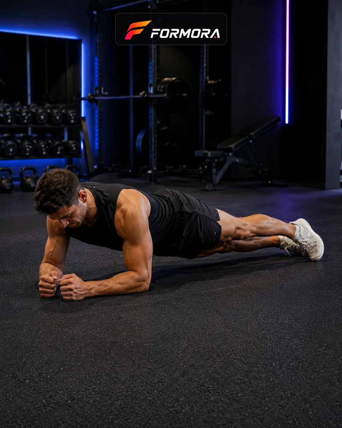 Yan Plank başlangıcı: önkollar yerde forearm plank hattında, gövde uzun ve merkez aktif.