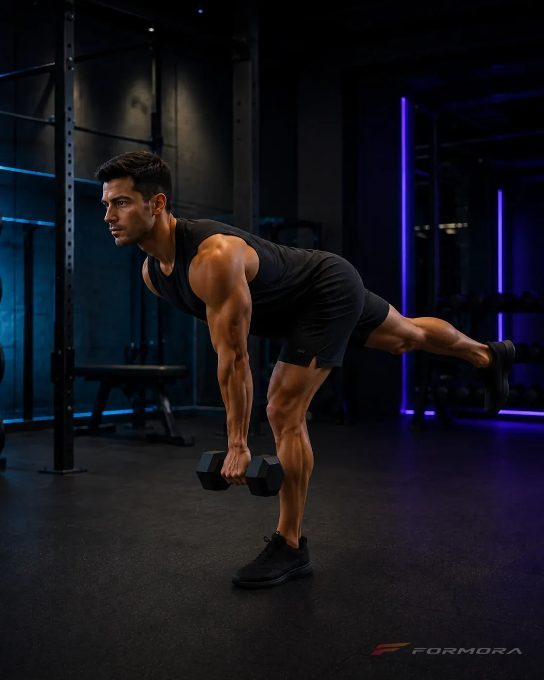 Tek Bacak Romanian Deadlift form odağı: destek ayağı stabil, pelvis dengeli ve gövde-serbest bacak uzun bir hat oluşturuyor.