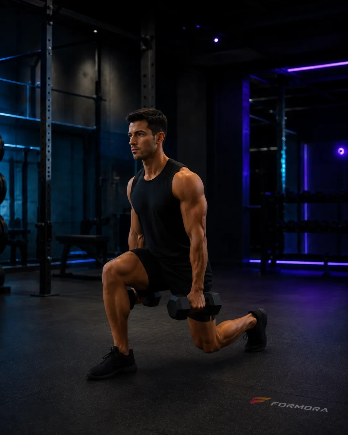 Split Squat ana pozisyonu: iki diz bükülü, arka diz zemine yaklaşmış ve ön ayak sabit.