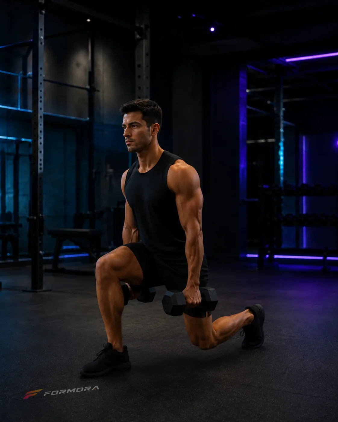 Split Squat form odağı: gövde uzun, ön ayak dengeli ve iki diz kontrollü hatta.
