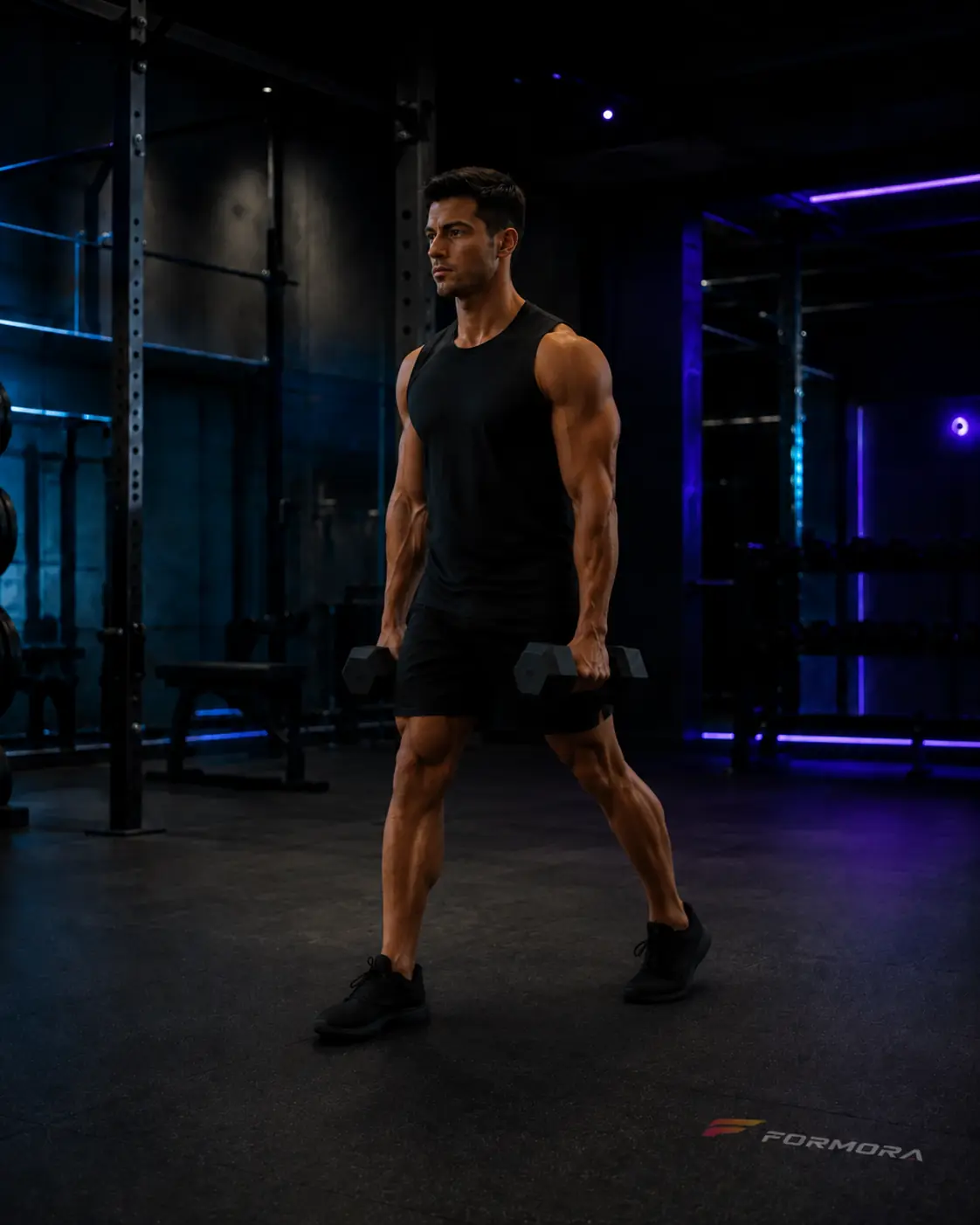 Split Squat başlangıcı: ayaklar önde-arkada, gövde dik ve ağırlık iki bacak arasında dengeli.