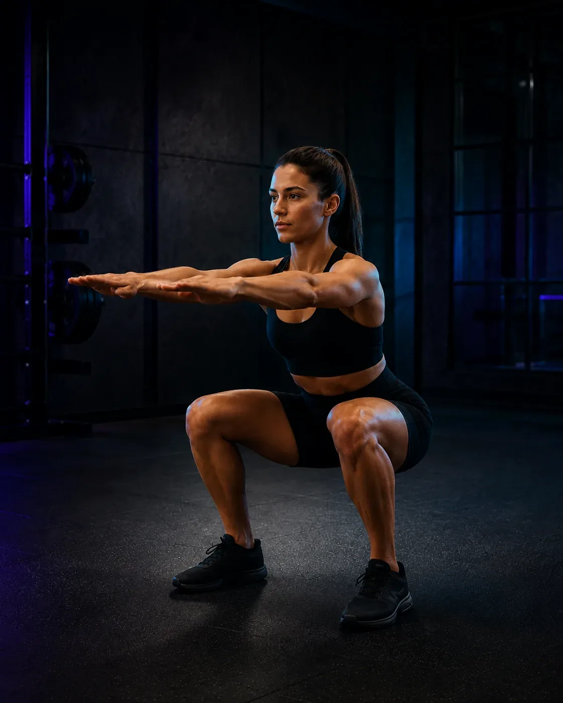 Squat alt pozisyonu: topuklar yerde, dizler ayak yönünde ve gövde kontrollü.