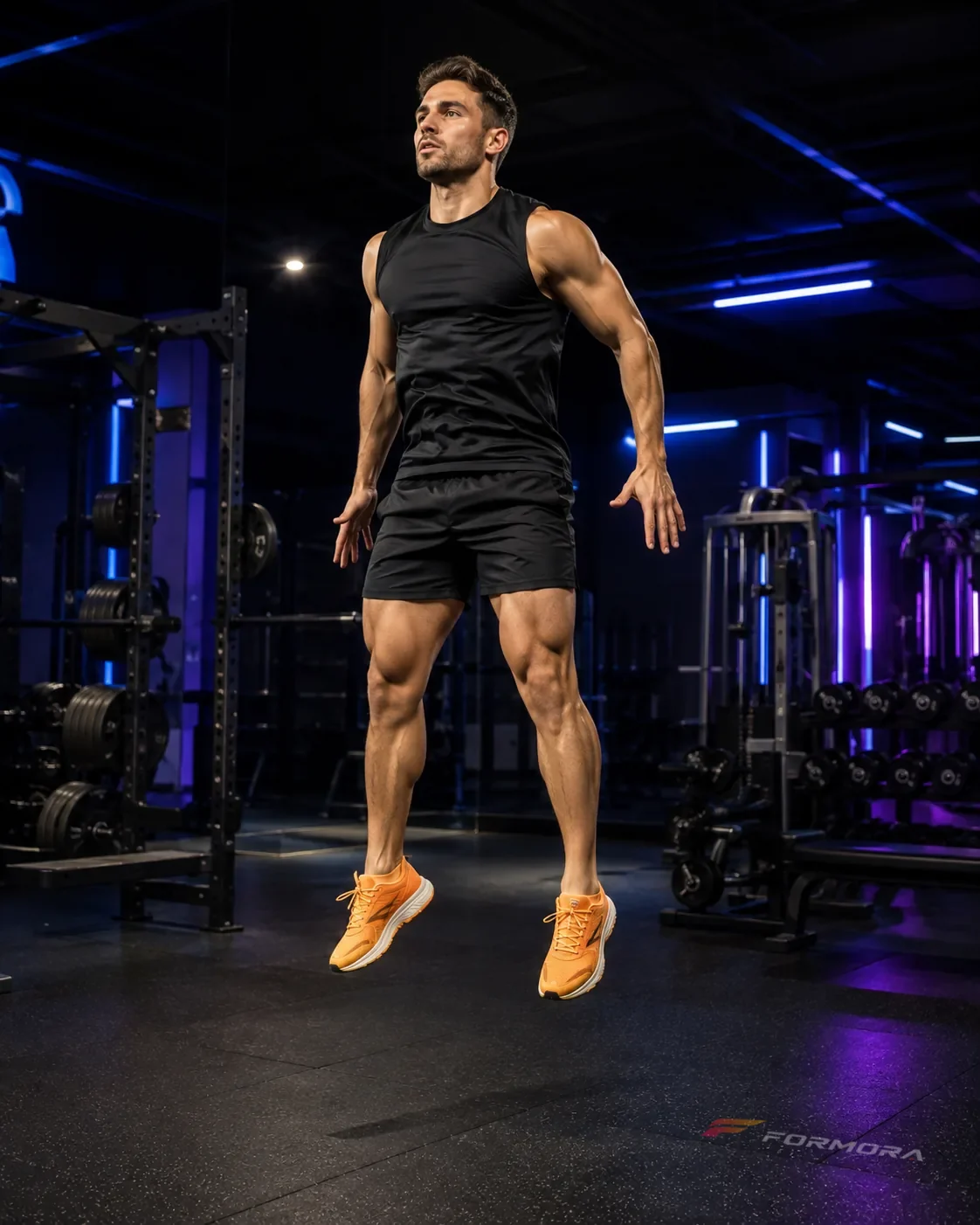 Squat Jump ana pozisyonu: sporcu dikey sıçramada, gövde uzun ve ayaklar yerden ayrılmış.