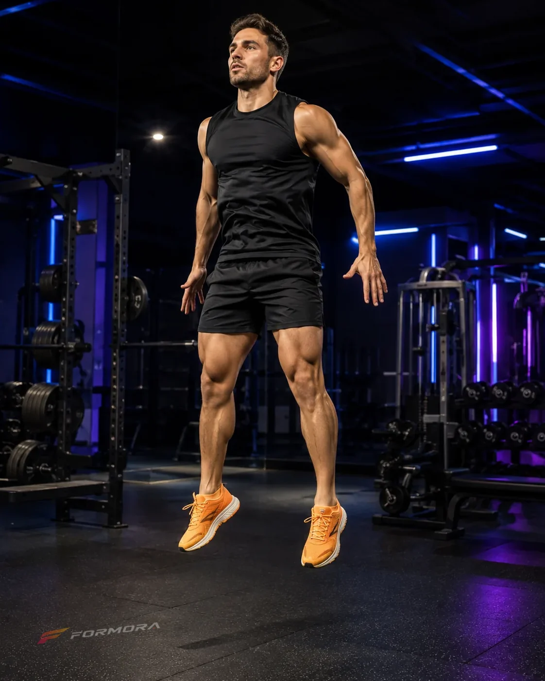 Squat Jump form odağı: sıçrama dikey, gövde kontrollü ve ayaklar dengeli.