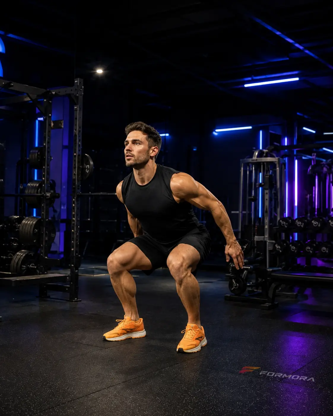 Squat Jump başlangıcı: kalça geride ve aşağıda, dizler bükülü ve kollar önde dengede.