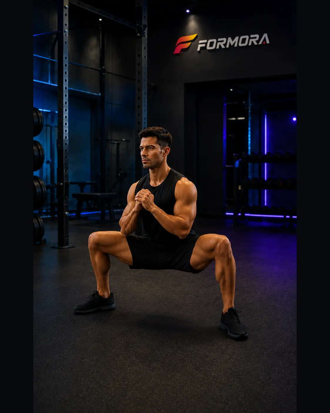 Sumo Squat form odağı: geniş taban dengeli, dizler ayak yönünde ve gövde uzun.