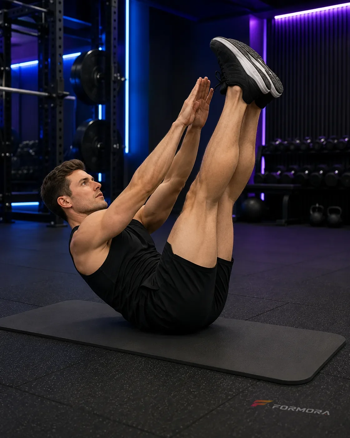 Toe Touch Crunch ana pozisyonu: omuzlar yerden kalkmış ve eller ayaklara doğru uzanıyor.