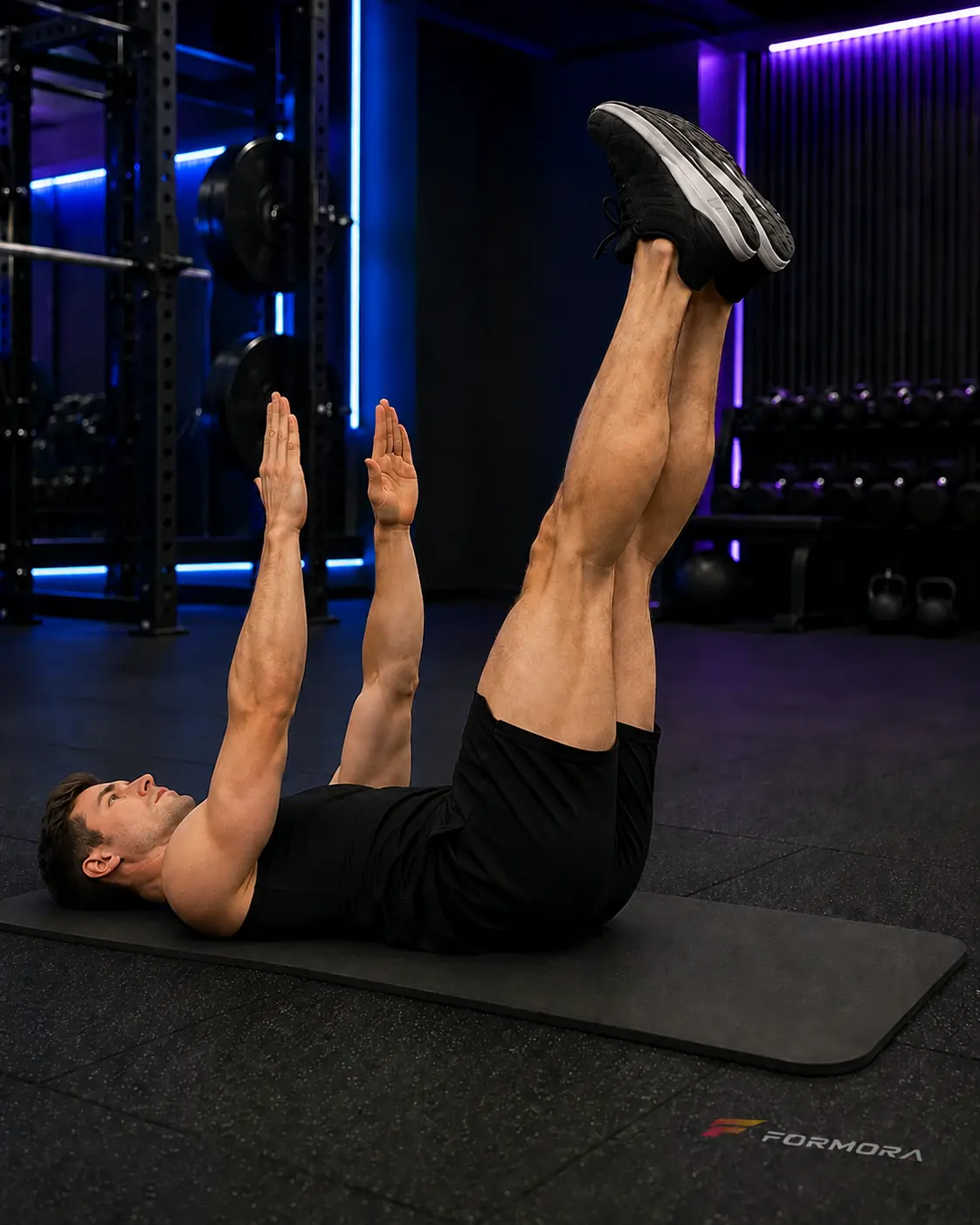 Toe Touch Crunch başlangıcı: sırt yerde, bacaklar yukarı uzatılmış ve gövde kontrollü.