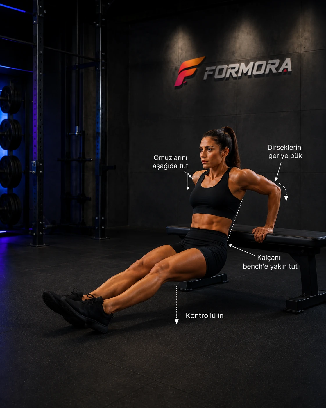 Triceps Dip form odağı: omuzlar kulaklardan uzak, dirsekler geriye takip ediyor ve kalça benche yakın tutuluyor.