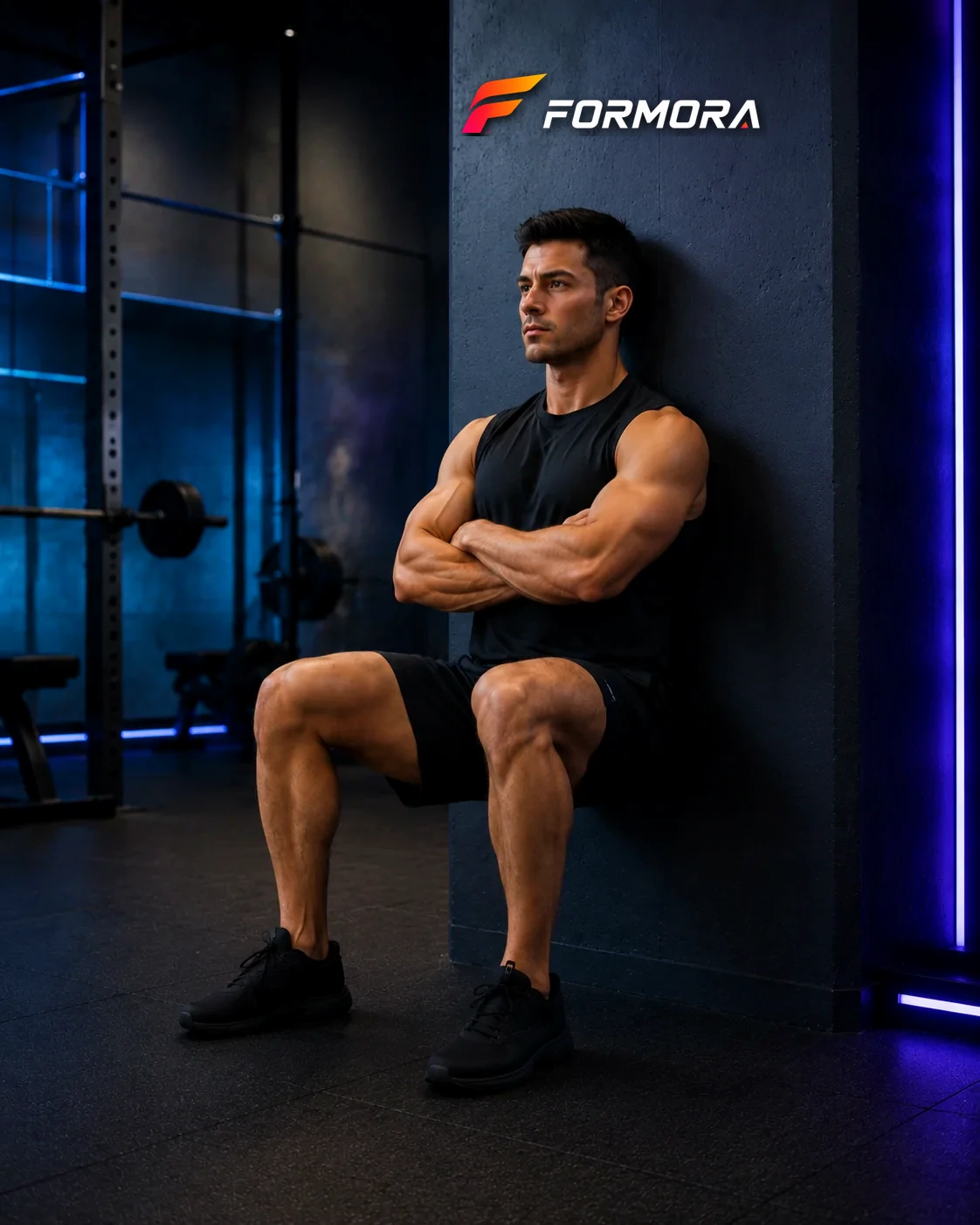 Wall Sit ana pozisyonunda sırtı duvarda, ayakları dengeli konumda izometrik tutuş yapan sporcu